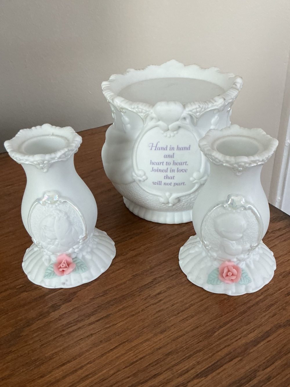 1994 Precious Moments "Hand in Hand" Wedding Unity Candle Holder Set by Enesco.